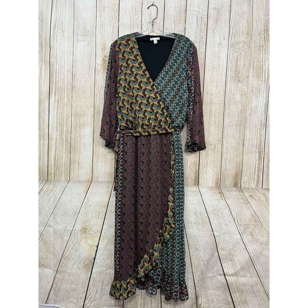 Women Mixed Print Patchwork Faux Wrap Maxi Dress 22/24W Bell Sleeve Boho Artsy - Picture 2 of 8